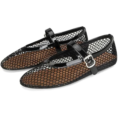 DOEYG Mesh Ballet Flats for Women Buckle Strap Comfy Casual Office Fishnet Ballerina Flat Shoes | Amazon (US)