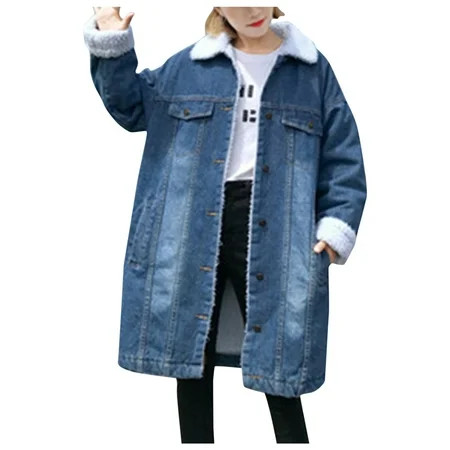 Xutthjh Winter Women Jean Jacket Thicken Warm Fleece Long Denim Coat Punk Outwear Winter Clothes | Walmart (US)