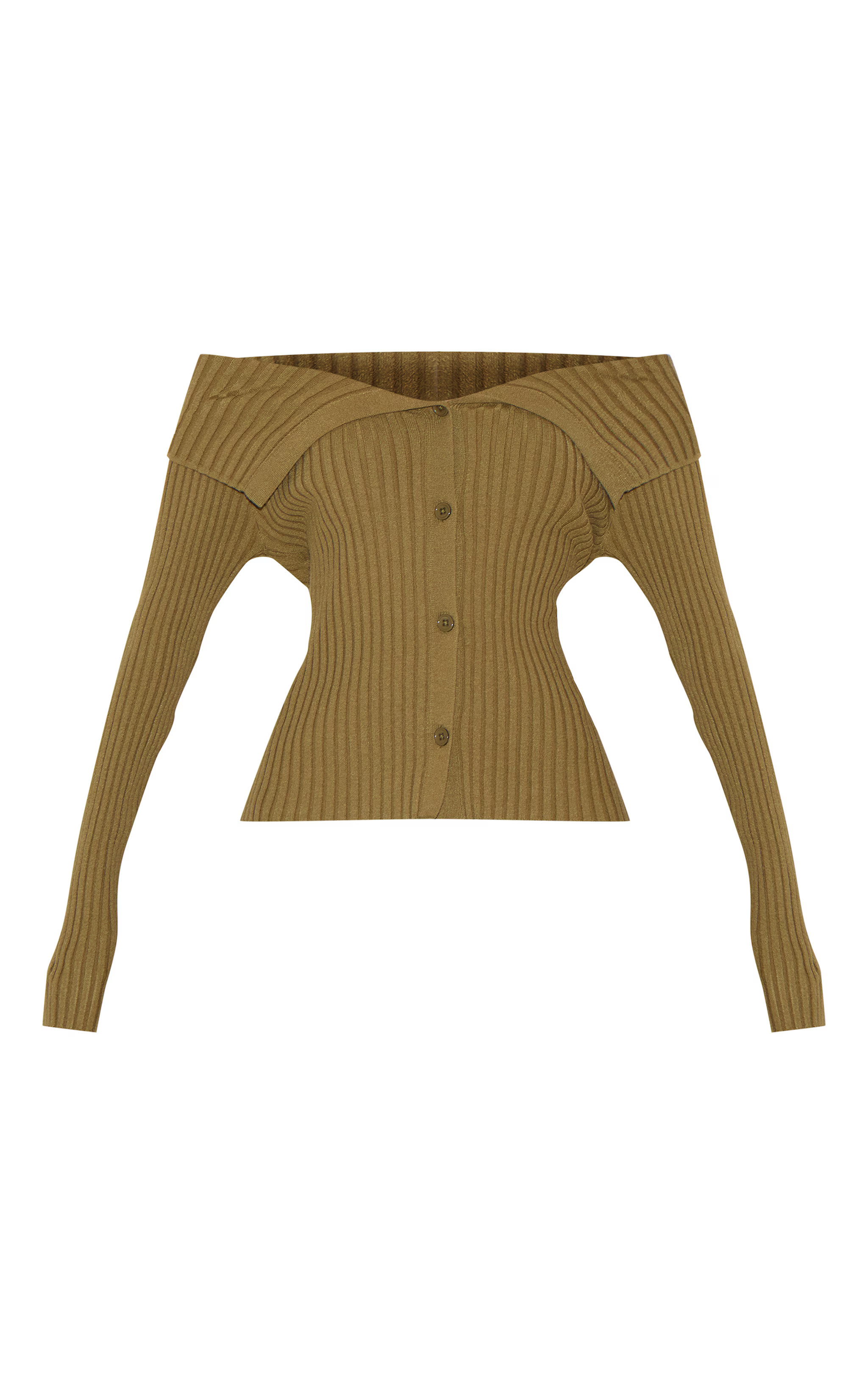 Olive Rib Knit Fold Over Button Up Top | PrettyLittleThing UK