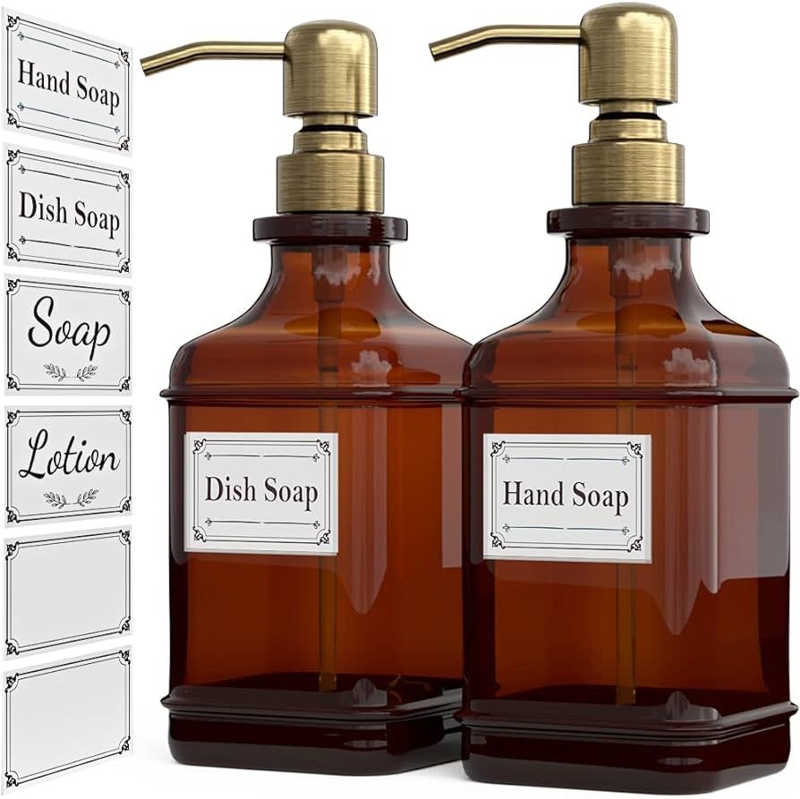 GLADPURE Soap Dispenser 2 Pack, Hand Soap Dispensers with 18 Oz Antique Design Thick Amber Glass ... | Amazon (US)