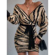 Zebra Striped Pattern Batwing Sleeve Belted Jumper Dress | SHEIN