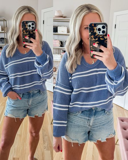 Aerie cropped striped sweater is 50% off! I’m in small. Aerie denim shorts are 25% off! I’m in small, these run TTS. 
Memorial Day outfit idea


#LTKStyleTip #LTKFindsUnder50 #LTKSeasonal