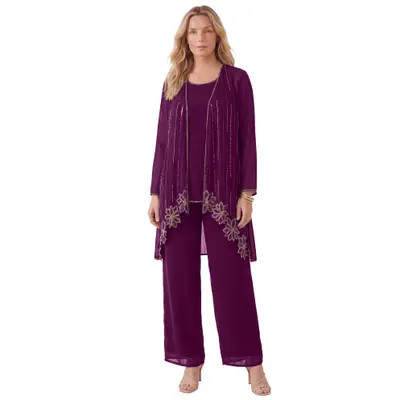 Roaman's Plus-Size Long Sleeve Floral Beaded Georgette Three-Piece Pant Set in Ultra Blue at Nordstrom, Size 20 | Nordstrom