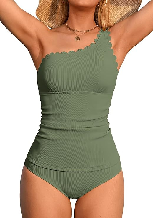 ANFILIA One Shoulder Two Piece Tankini Swimsuits for Women Tummy Control Bathing Suit Scalloped T... | Amazon (US)