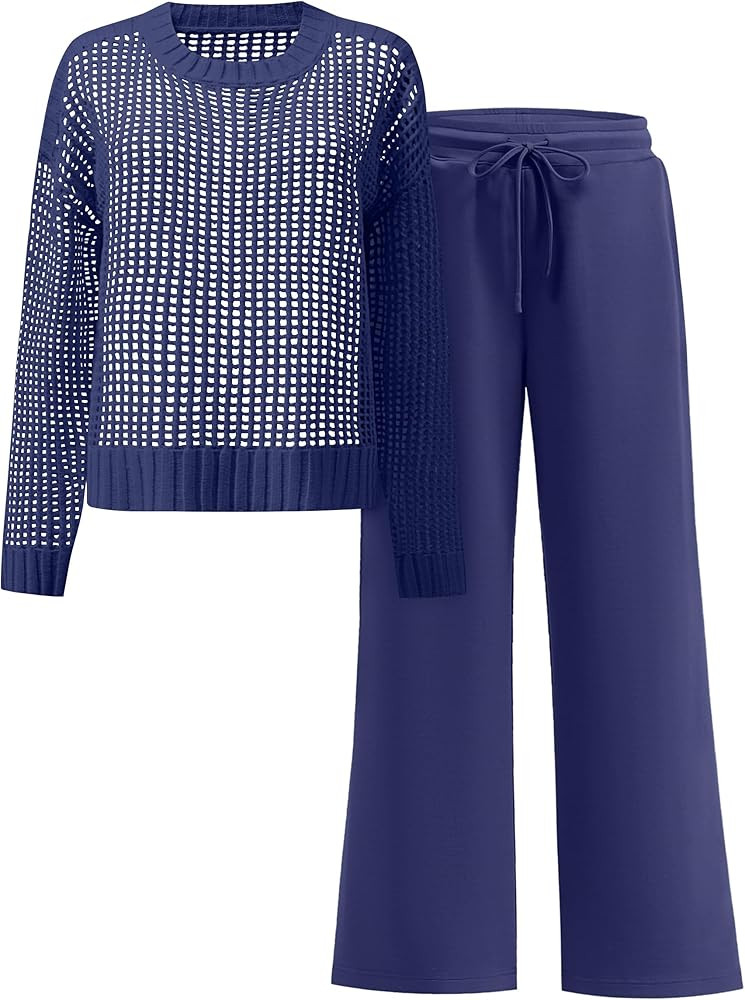 ANRABESS Womens 2 Piece Outfits Crochet Sheer Knit Sweater Top Wide Leg Pants Lounge Set Sweatsui... | Amazon (US)