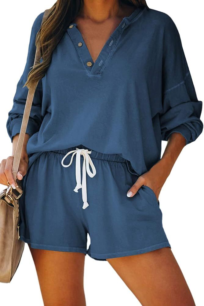 Fixmatti Women Shorts Sweatsuit Sets Long Sleeve Top and Shorts Pant Set | Amazon (US)