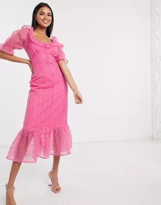 ASOS DESIGN scoop neck maxi dress with pep hem in organza broderie in pink | ASOS (Global)