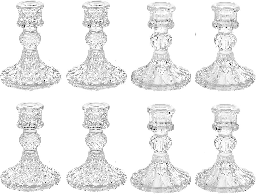 Glass candle holders set of 8 (clear tapered candle holders 4 pcs and crystal striped candle hold... | Amazon (US)