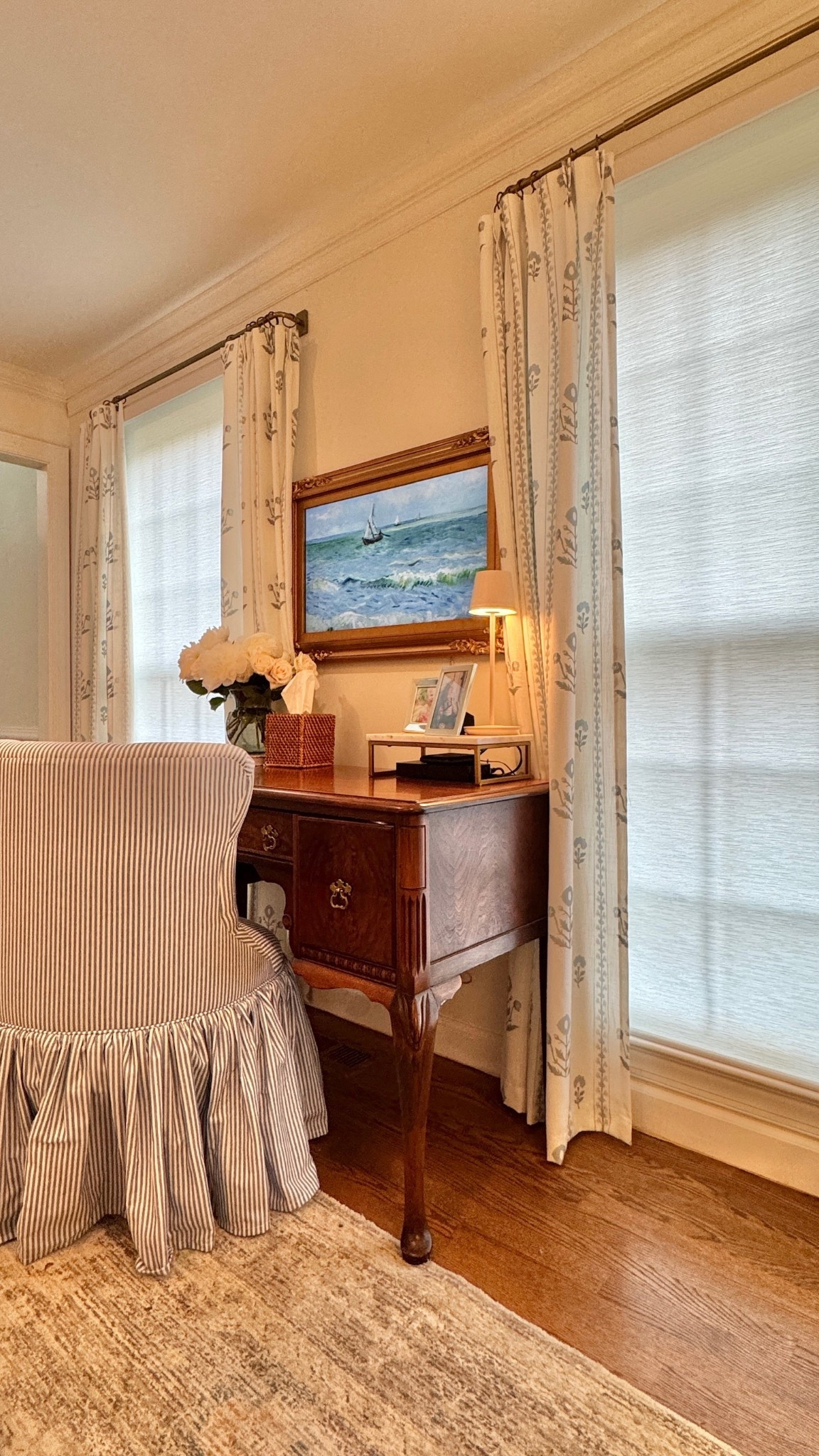 So many favorites in our living room! This upholstered desk chair, automatic motorized blinds, pleated curtains, and wireless lamps! Grandmillennial style, blue and white home, classic coastal, coastal decor, Amazon finds

#LTKHome #LTKStyleTip