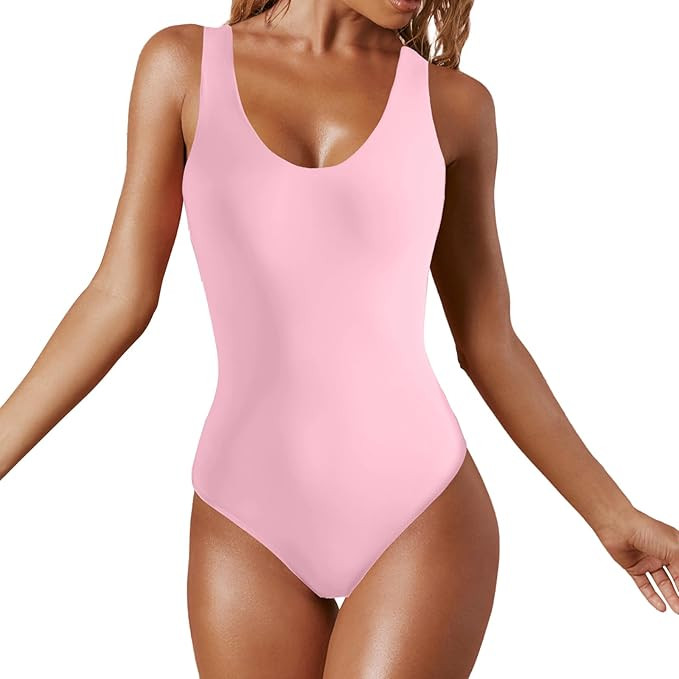 Women's Sexy Basic Round Neck Bodysuit Sleeveless Double Lined Slim Fit Tank Tops | Amazon (US)