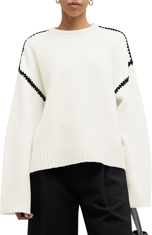 Saodimallsu Womens Sweaters Crewneck Long Sleeve Fall Chunky Knit Sweater Color Block Slouchy Loo... | Amazon (US)