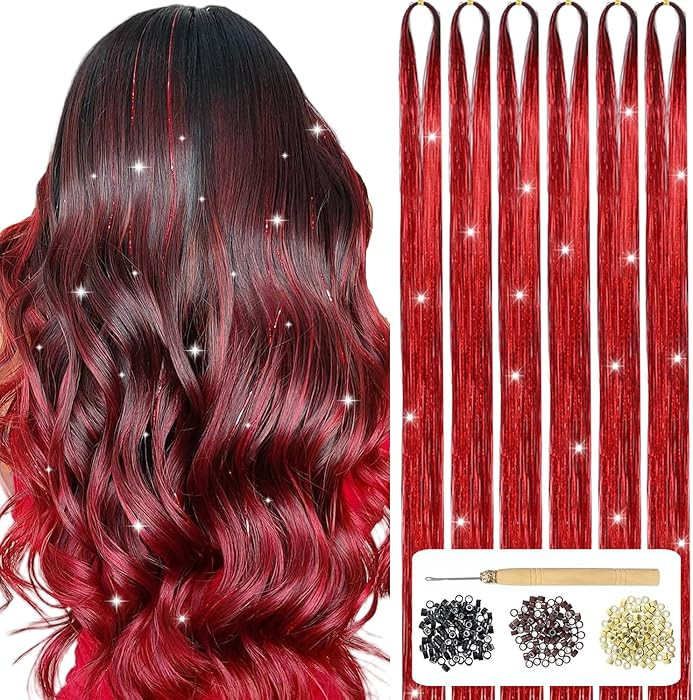 Hair Tinsel Kit With Tools 6Pcs 1200 Strands Red Tinsel Hair Extensions Heat Resistant Fairy Glit... | Amazon (US)