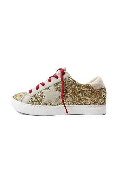 Star Gaze Glitter Sneakers - Gold with Crimson Laces | Shop BURU