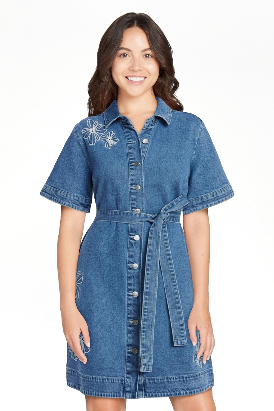 Free Assembly Women's and Women's Plus Embroidered Denim Mini Shirtdress with Belt, Sizes XS-4X | Walmart (US)