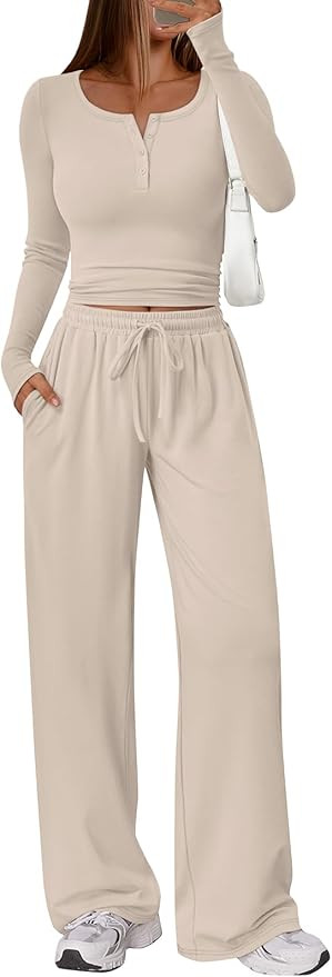 Trendy Queen Women's 2 Piece Matching Lounge Sets Long Sleeve Henley Neck Slightly Crop Top Wide ... | Amazon (US)