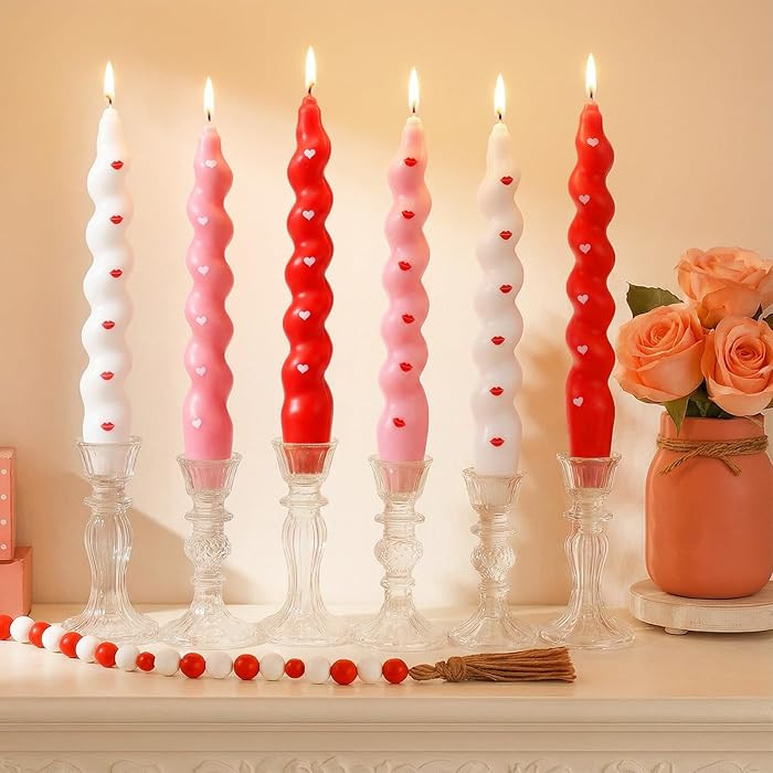 6 Pcs Valentines Heart Spiral Taper Candle 8 Inch Heart and Lip Twisted Candle Red Pink White Tab... | Amazon (US)