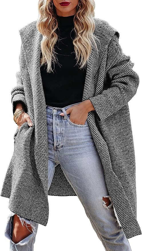ANRABESS Women‘s Casual Long Sleeve Open Front Hooded Cardigan Sweater Oversized Striped Knitte... | Amazon (US)