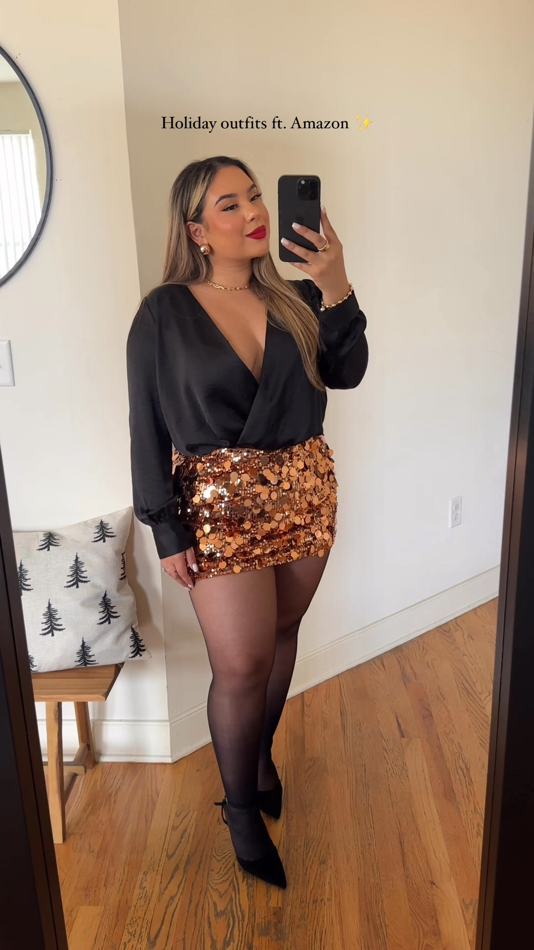 Holiday Outfits ft. Amazon🖤✨ sizing 👇🏼 

Bow Top: L (slight stretch) 
Skirts: L (Has stretch) 


#LTKHoliday #LTKStyleTip #LTKSeasonal