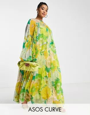 ASOS EDITION Curve gathered neck maxi dress in retro floral print | ASOS (Global)