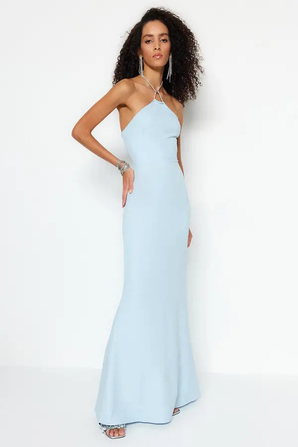 Hellblaues, gefüttertes, gewebtes, glänzendes, mit Schmucksteinen besetztes, langes Abendkleid ... | Trendyol DE