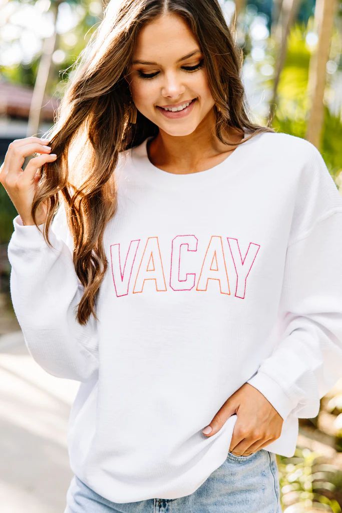 Vacay White Corded Embroidered Sweatshirt | The Mint Julep Boutique