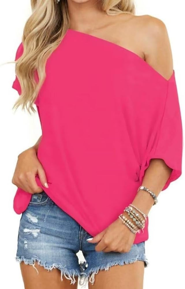 LEEDYA Women Off Shoulder Tops Short Sleeve T-Shirts Loose Blouses Oversized Tunic Tops | Amazon (US)