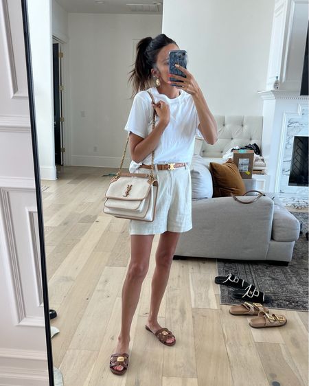 Outfit of the day 🤍 these linen shorts are super comfortable & have an elastic waist - love the longer length. They come in black too!  My white tee is the perfect not too cropped but not too long length and under $10 🙌🏼

Casual outfit, summer outfit, mom outfit, mom shorts, linen shorts, white tee, white tshirt, Walmart finds, Walmart fashion, ysl bag, office outfit, office style, Christine Andrew 

#LTKWorkwear #LTKStyleTip #LTKFindsUnder50