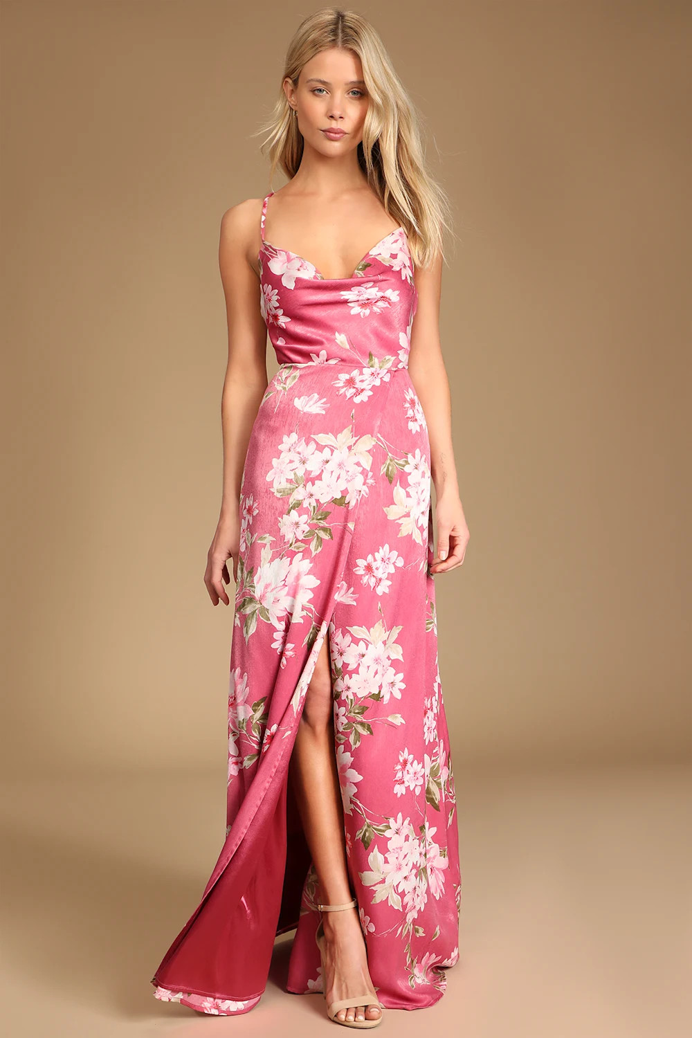 Love of Romance Pink Floral Print Satin Cowl Neck Maxi Dress | Lulus