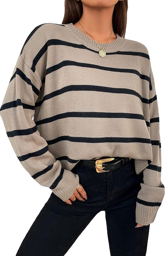 SheIn Women's Striped Round Neck Sweater Long Sleeve Casual Pullover Tops | Amazon (US)