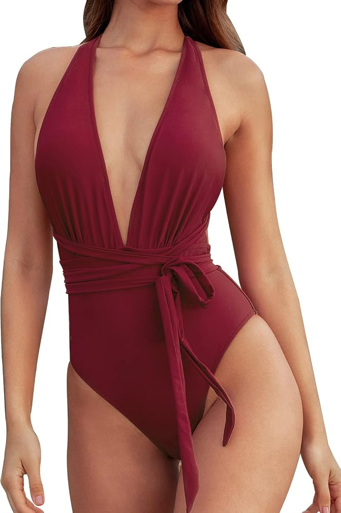 CUPSHE Women’s One Piece Swimsuit Sexy Deep V Neck Solid Red Bathing Suit | Amazon (US)