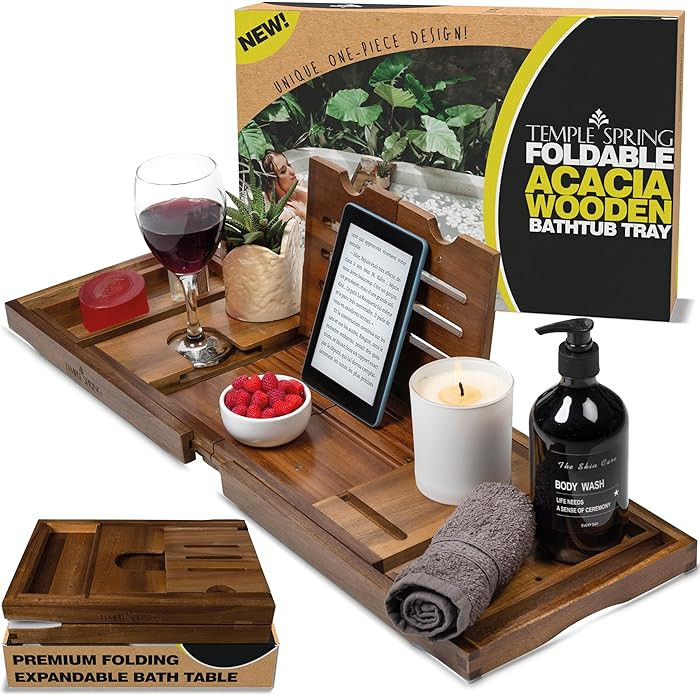 Temple Spring Foldable Bathtub Tray, Unique Design Selfcare Bathroom Caddy, Acacia Spa Bathroom T... | Amazon (US)