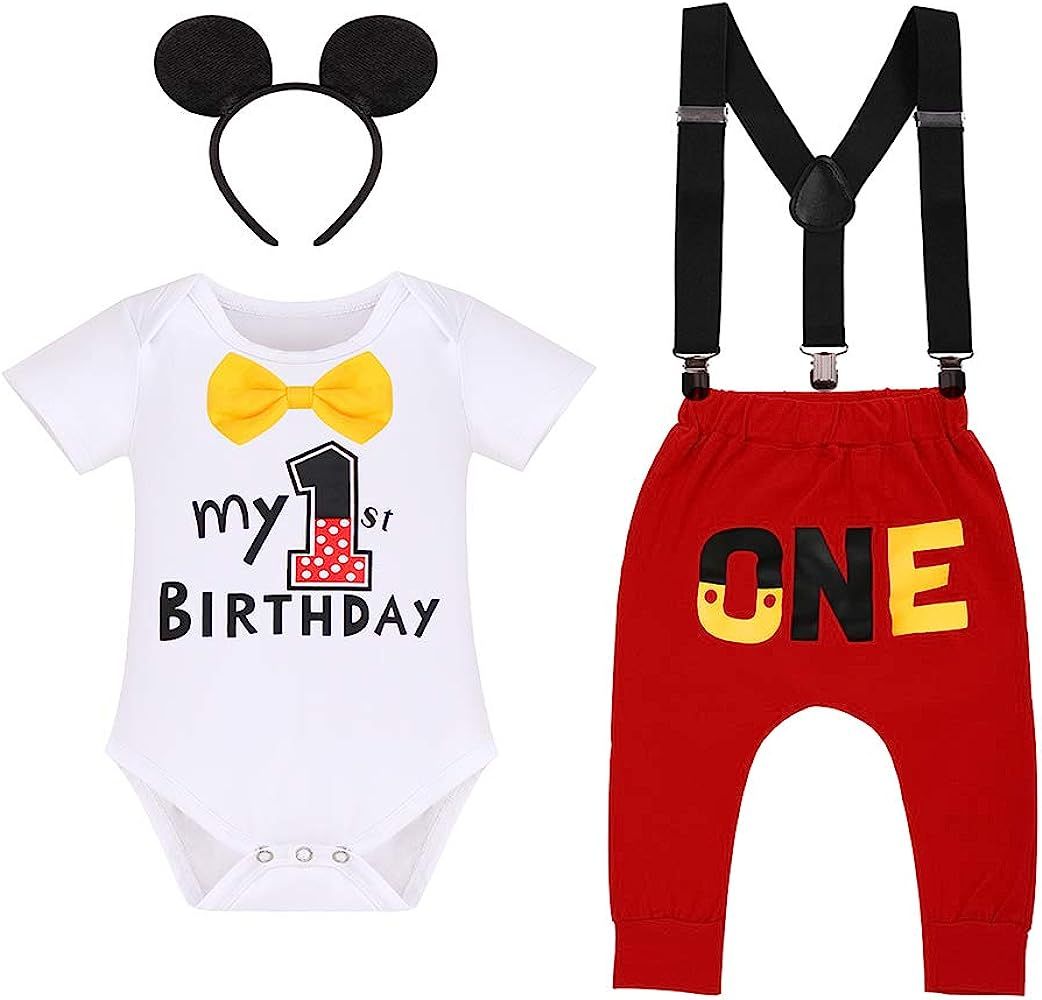 Baby Boy Mouse 1st Birthday Outfit Bowtie Romper + Suspenders + Pants + Headband Cake Smash Tuxedo S | Amazon (US)