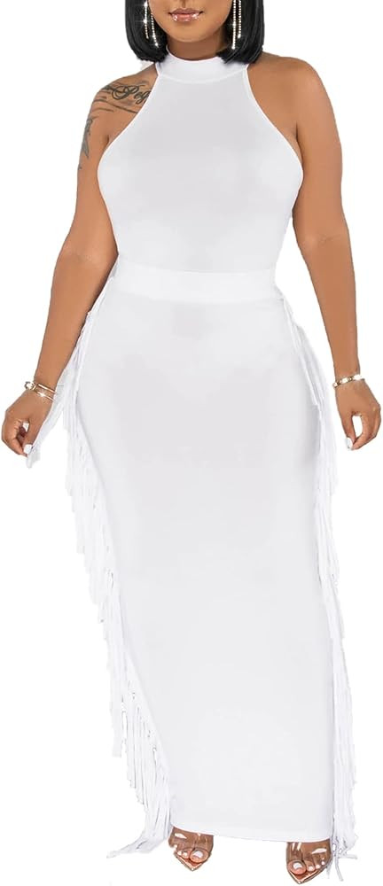 2 Piece Outfits for Women Sexy Crop Top Ruched Bodycon Maxi Dresses Fringe Skirt Sets Night Club ... | Amazon (US)