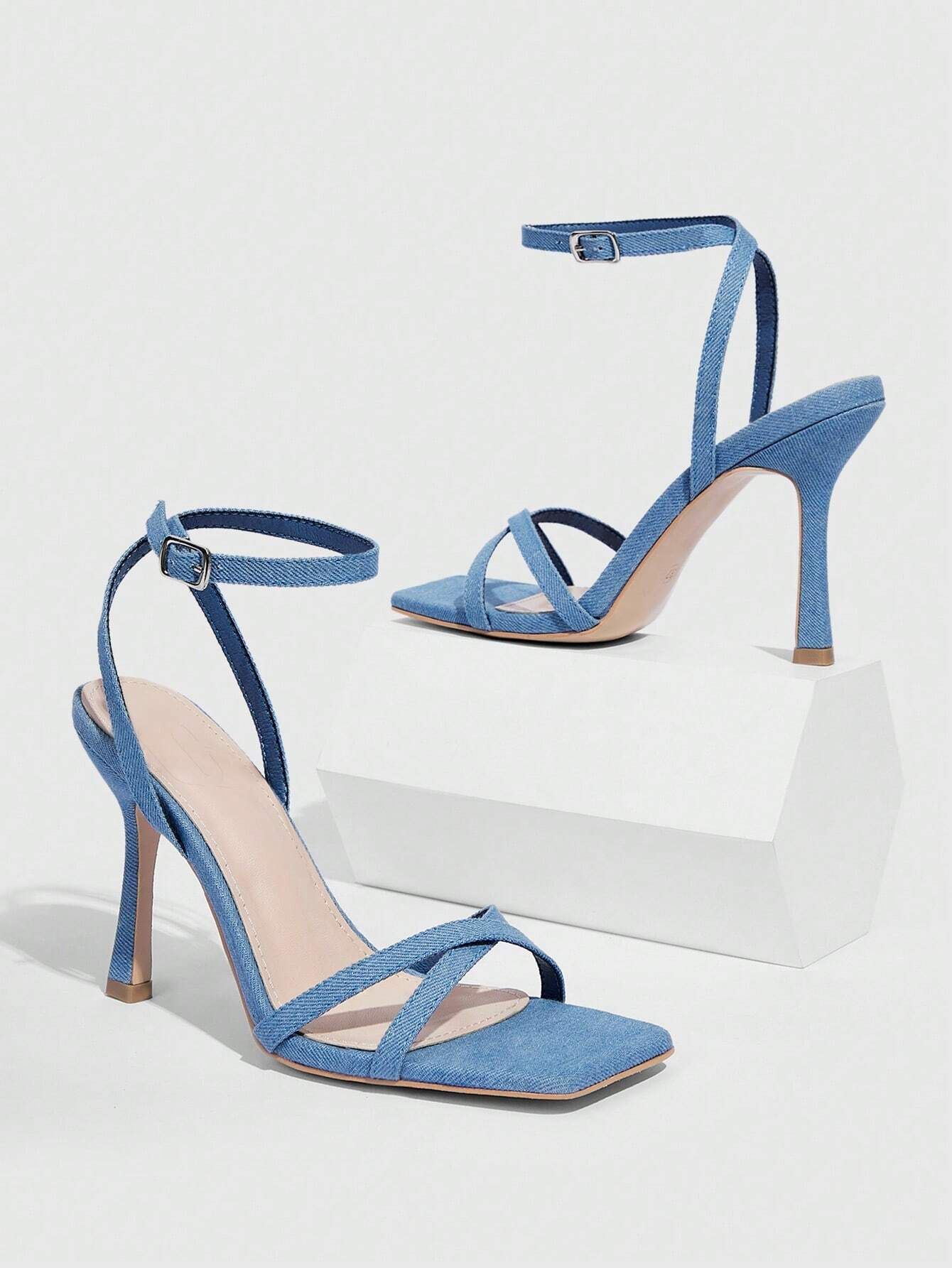 CUCCOO Trending Fashion Blue Ankle Strap Sandals For Women, Buckle Decor Stiletto Heeled Sandals | SHEIN