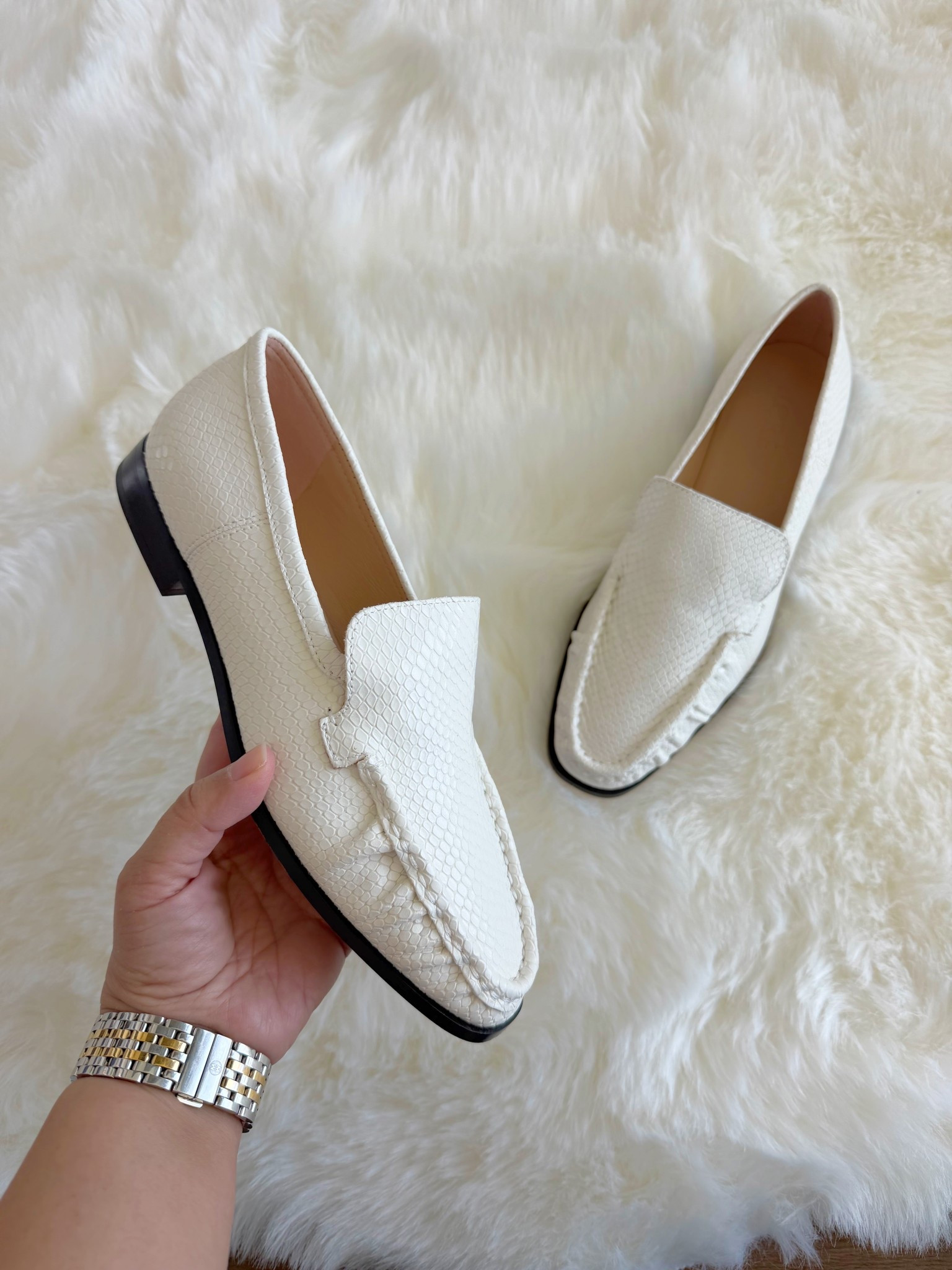 J. Crew classic loafers! This white snake embossed leather is perfect for spring and summer outfits and great for workwear too. They’re also available in brown and blue suede. True to size. 

#LTKOver40 #LTKWorkwear #LTKootd