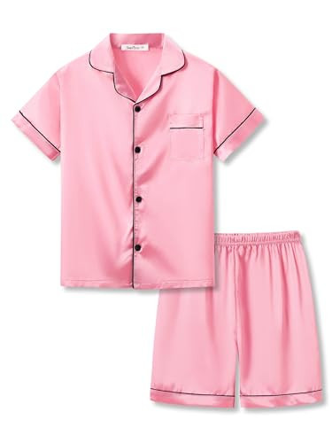 Beezizac Pajama for Girls Satin Silky Pink Comfortable Kid Summer Modern Short Outfit PJS 2-Piece Size 6/7 | Amazon (US)
