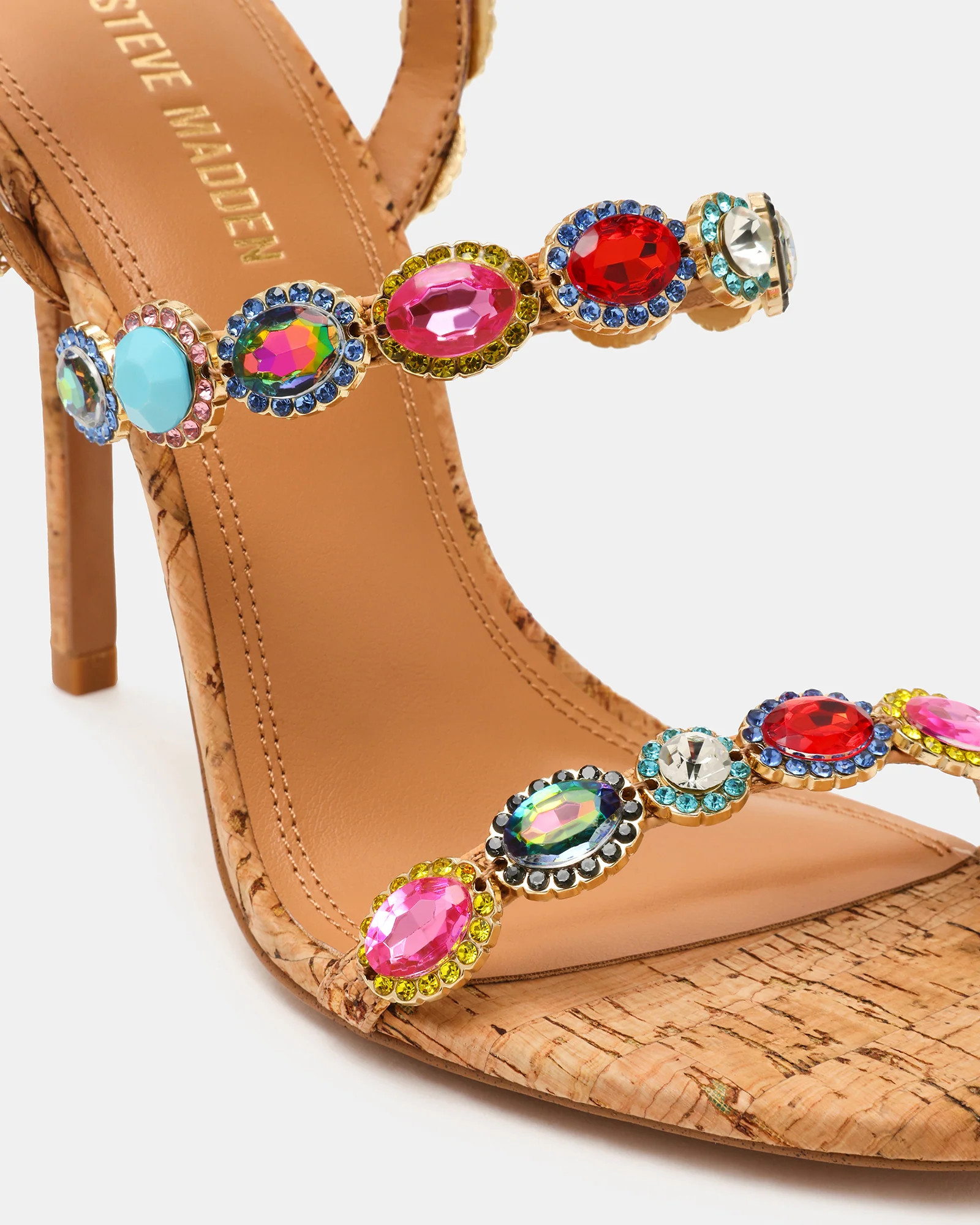 TAMALA Cork Bright Multi Stone Round Open Toe Ankle Strap Women's Heel | Steve Madden (US)