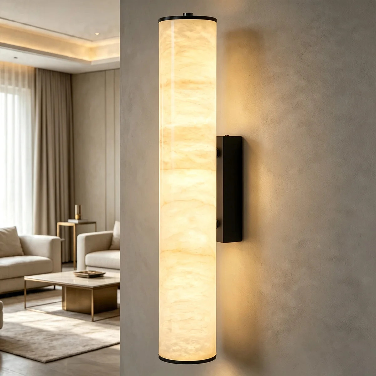 19.7" Modern Cylindrical LED Natural Alabaster Wall Sconce, Dimmable Integrated Light with Brass ... | Wayfair North America