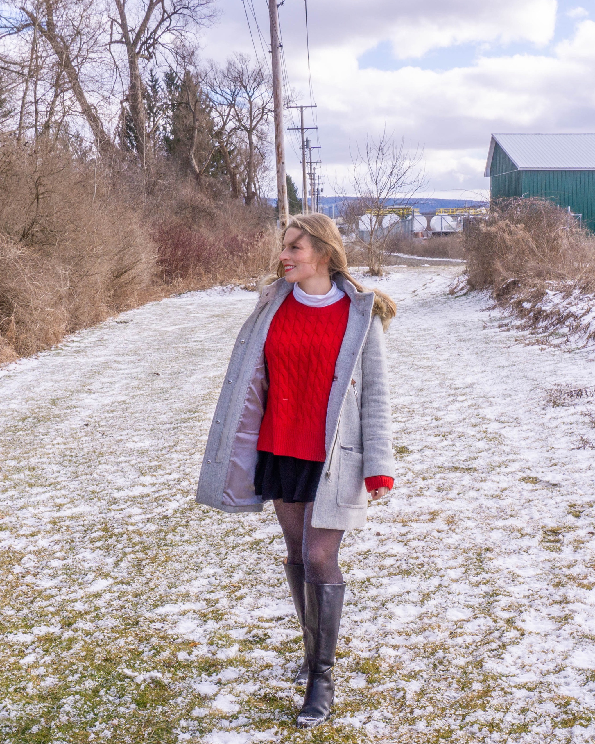 Jacket, boots, tights, skirt, black skort 