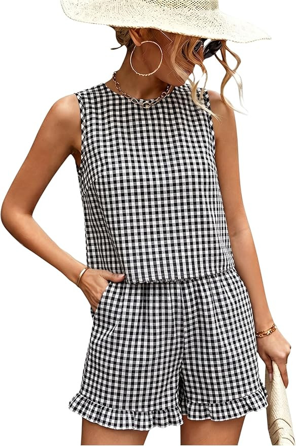 Amazon.com: Hooever Women's Gingham Check 2 Piece Set Sleeveless Tank Top and Ruffle Hem Shorts C... | Amazon (US)