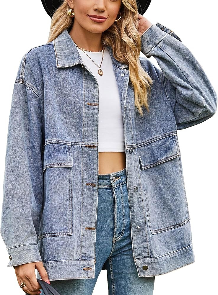 HangNiFang Aztec Denim Jacket Shacket for Women Button Down Vintage Distressed Blue Jean Jacket | Amazon (US)