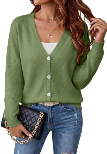 EVALESS Women's Long Sleeve Cardigan Sweaters Button Up V Neck Knit Tops | Lightweight,oversized,... | Amazon (US)
