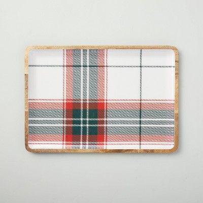 Holiday Plaid Enamel &#38; Wood Serve Tray Red/Green - Hearth &#38; Hand&#8482; with Magnolia | Target