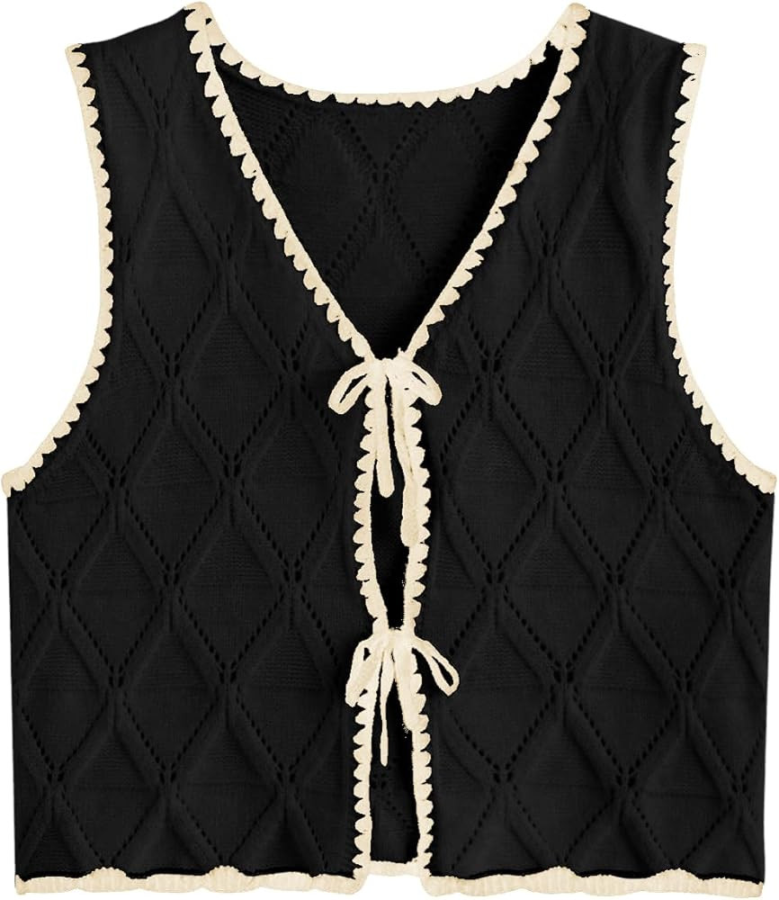 Verdusa Women's Old Money Bow Tie Crochet Sweater Vest Contrast Binding Knot Front V Neck Knit To... | Amazon (US)