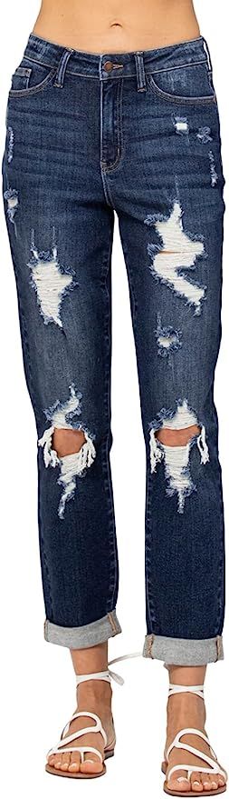 Judy Blue Cuffed Destroyed Boyfriend High Waist Jeans! The Boyfriend Jeans You’ve Been Wanting!... | Amazon (US)