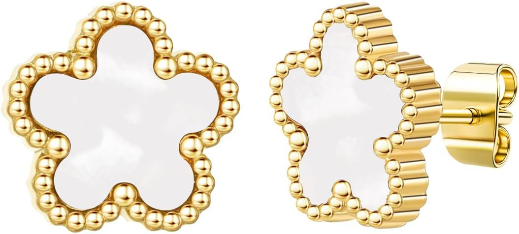 Clover Earrings for Women-14K Gold Four Leaf Flower Hypoallergenic Stud Pearl of Mother Non Tarni... | Amazon (US)