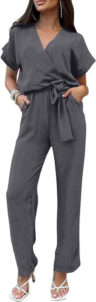Pretty Garden Womens Short Sleeve Wrap V Neck Belted Wide Leg Jumpsuit | Amazon (US)