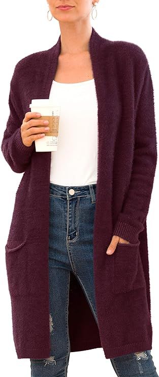 QIXING Women's Casual Open Front Knit Cardigans Long Sleeve Plush Fuzzy Sweater Coat with Pockets | Amazon (US)