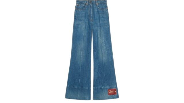 Gucci - Washed denim flare pant with Gucci label | Gucci (US)