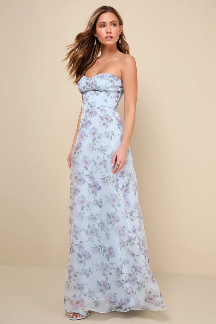 Chic Preciousness Light Blue Floral Organza Bustier Maxi Dress | Lulus